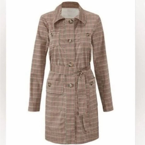 Cabi Sherlock Trench Coat Fall Jacket Tan Red Green Houndstooth Tie Belt M 3734 - Picture 2 of 12